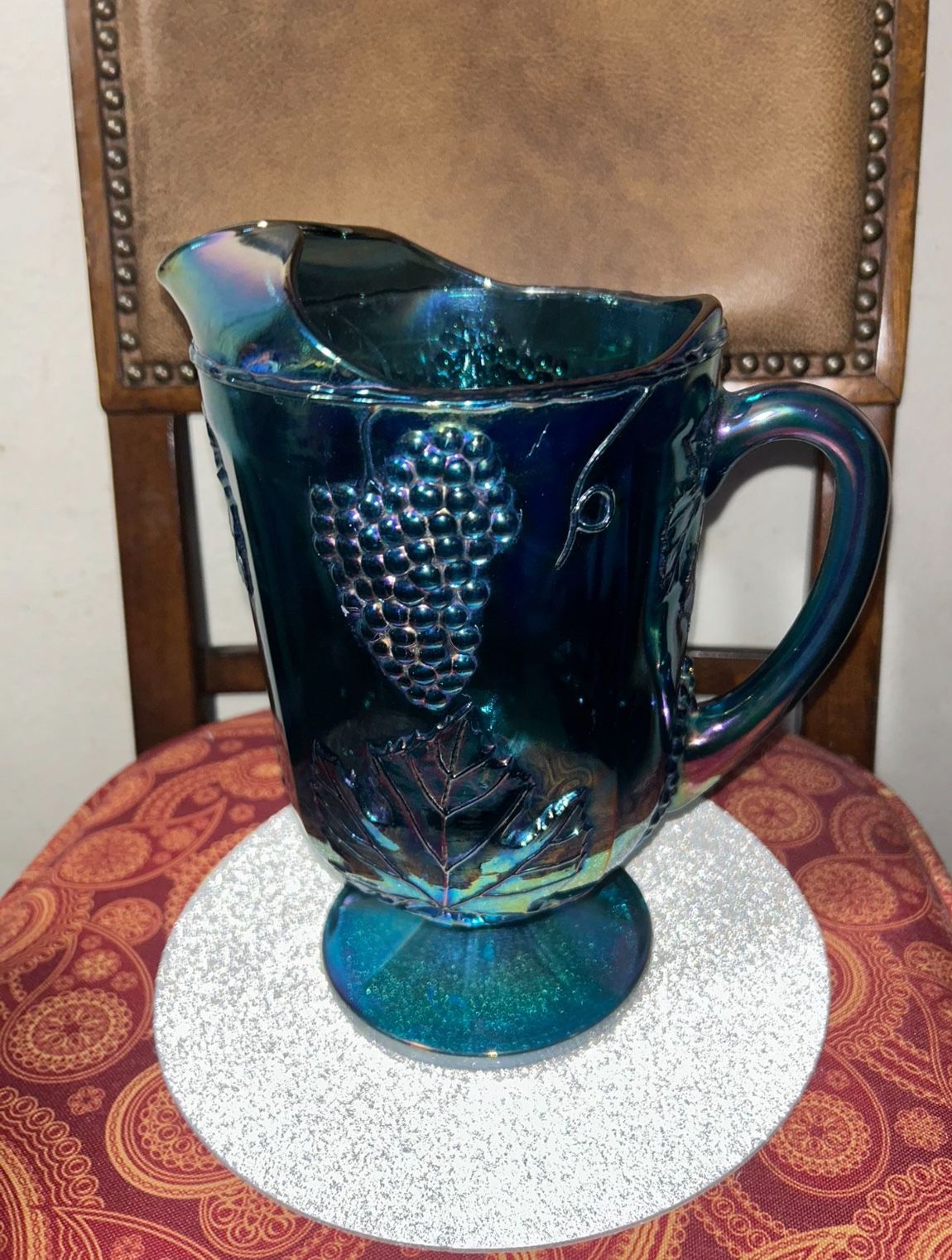 Vintage Blue Carnival Iridescent Indiana Carnival Glass pitcher