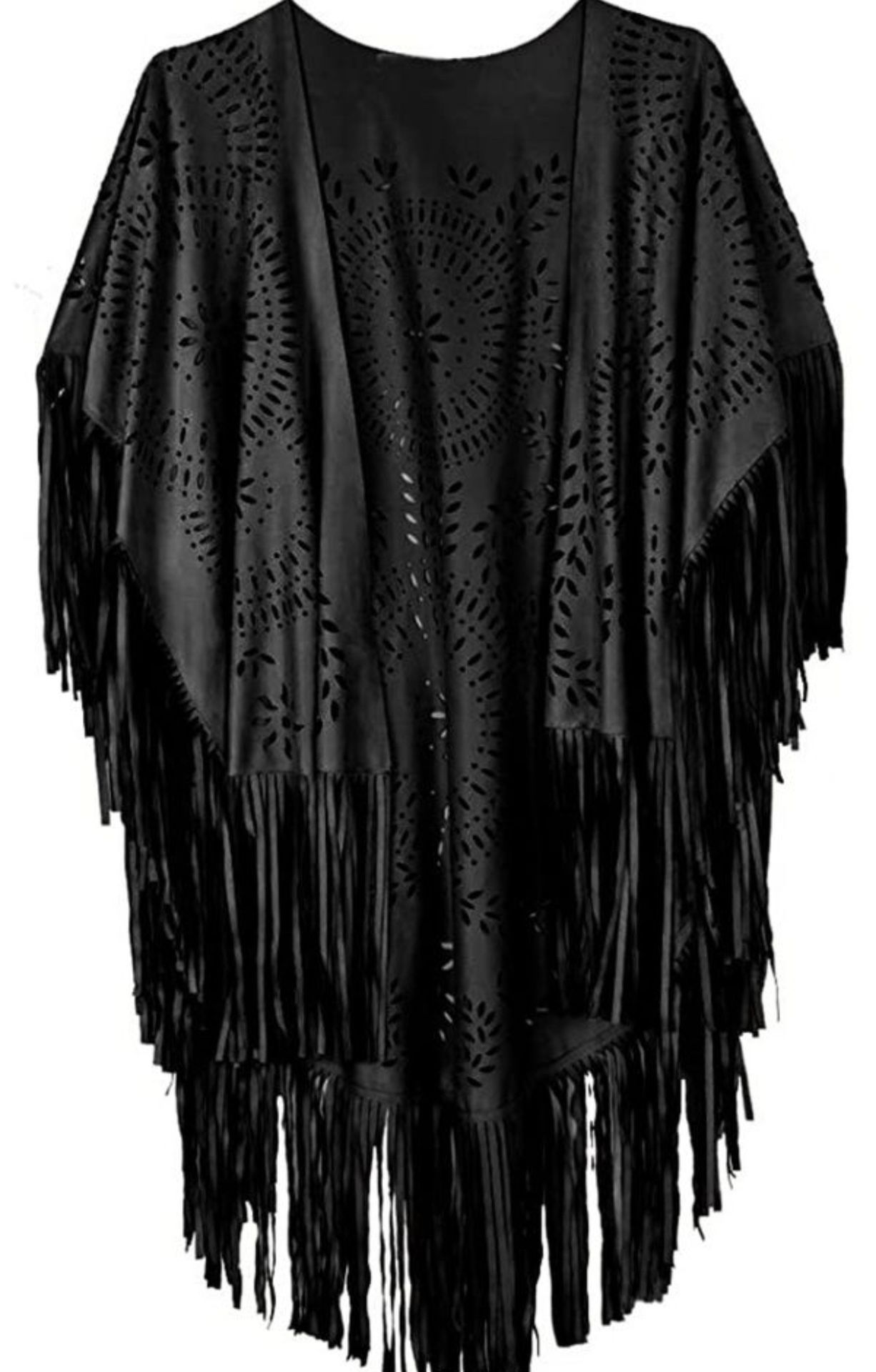 One size Black Suede cut out fringe cape kimono shaw wrap cover up