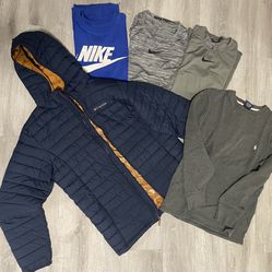 Nike dry fit shirts, T-shirt, Polo pajama shirt, Columbia puffer jacket