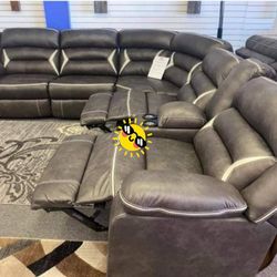 Brand New Living Room 💥 Midnight Black Oversized Soft Reclining Sectional Couch With Cup Holders, USB Port, LED Lighting| Fast Deliver| Faux Leather|