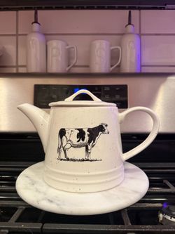 White Ceramic Teapot with Cow Print