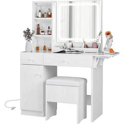 Vanity Desk with LED Lighted Mirror & Power Outlet, Makeup Table with Drawers & Cabinet,Storage Stoo