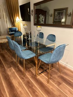 71in Glass Dining Table Set 6 Chairs Gold Base New in Box