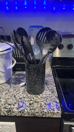 Black Speckled Kitchen Utensil Set with Holder