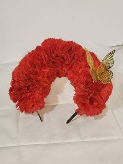 Red Floral Headband with Gold Butterfly