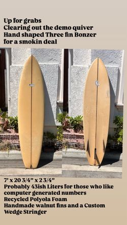 7’0” Midlength Bonzer – with Handmade Walnut Fins