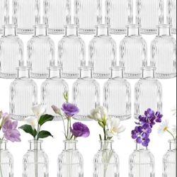Glass Bud Vases Set of 14, Small Flower Vase in Bulk, Clear Mini Ribbed VaseS for Centerpieces, Modern Wedding Reception Table Decorations 
