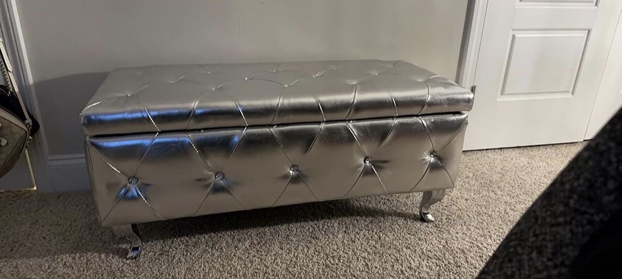 Storage Ottoman, 38'' Upholstered Silver Faux Leather