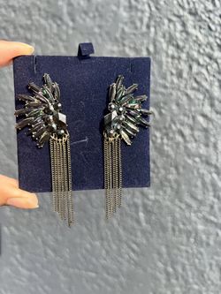 Iridescent Black Statement Earrings with Chain Fringe