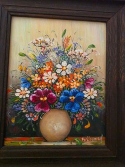 Vintage Framed Miniature Impasto Flower Painting - Small Signed Wildflower Oil Still Life on Board