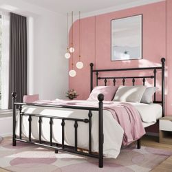 Queen Size Black Metal Bed Frame with Headboard and Footboard