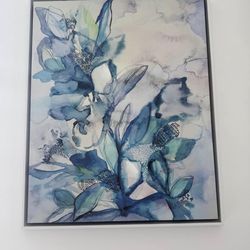 Large Framed Blue Abstract Floral Wall Art - 31.5" × 27"