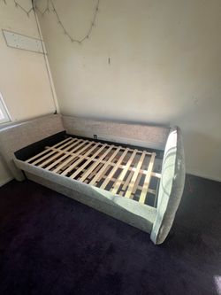 Gray Upholstered Bed Frame with Slats