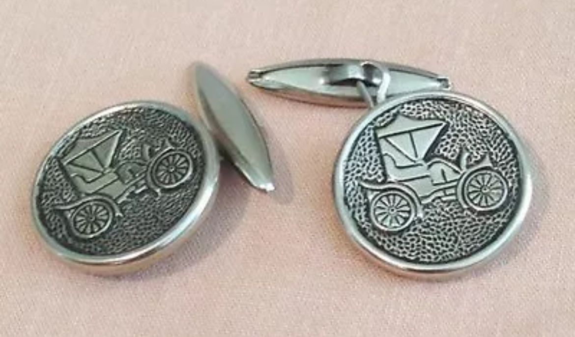 Vintage Men's Silvertone Round Old Car Cufflinks Collectible Style Fashion