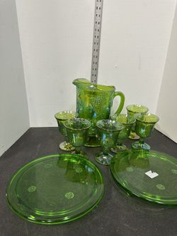 Green Carnival Glass Pitcher With 6 Glasses, Very Good Condition #D5