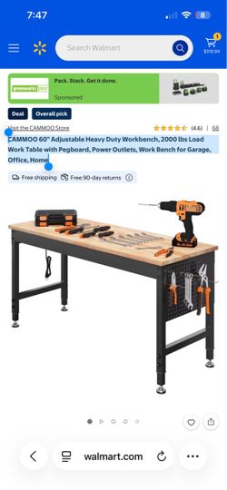 CAMMOO 60" Adjustable Heavy Duty Workbench, 2000 lbs Load Work Table with Pegboard, Power Outlets, Work Bench for Garage, Office, Home