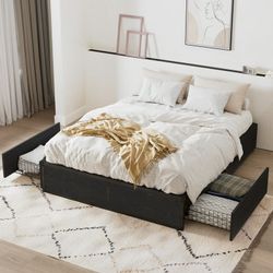 Queen Size Bed Frame, Metal Storage Platform Bed with 2 Ultra-Flexible Drawers & Easy Assembly, Black