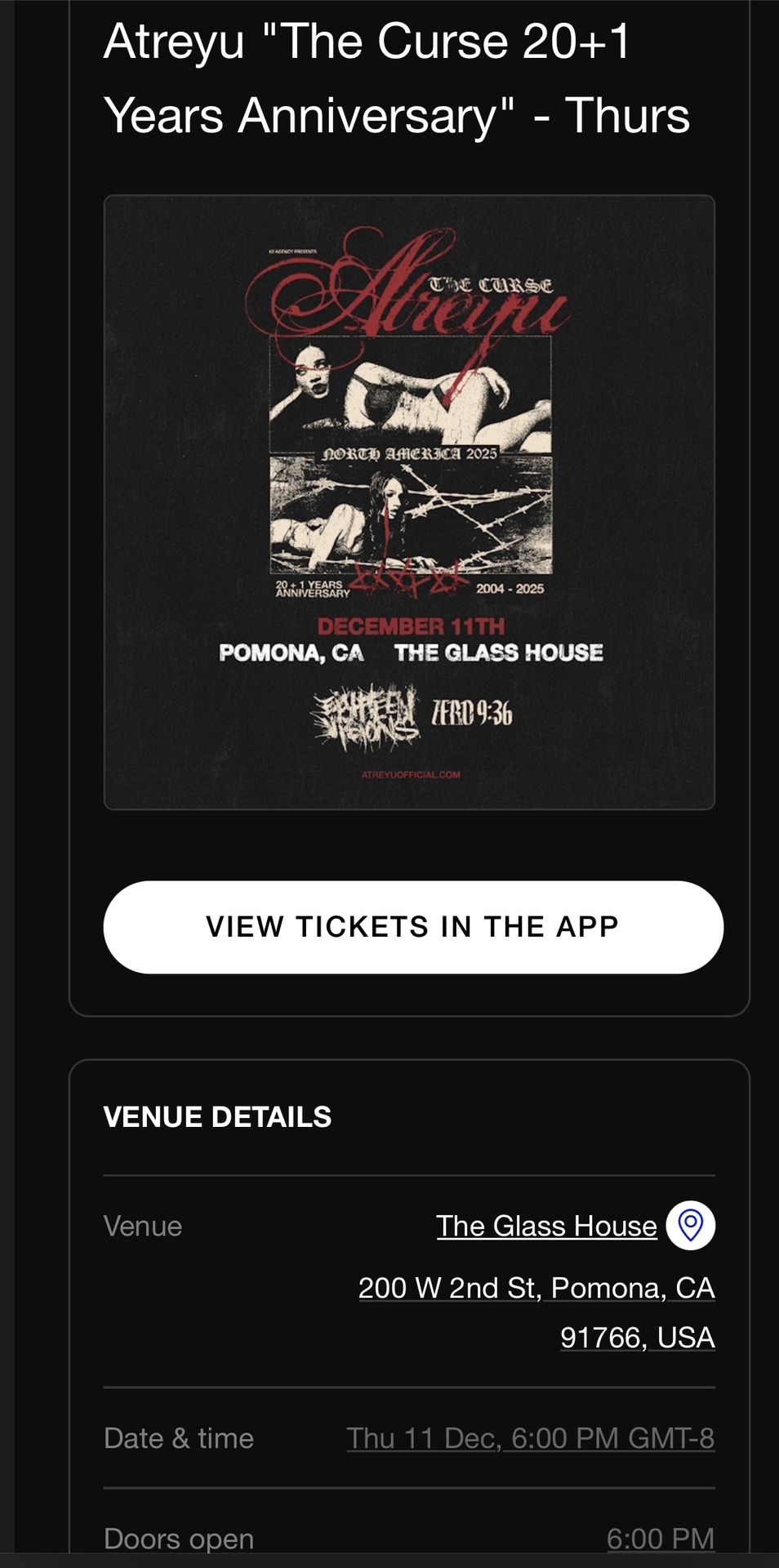 2 Tickets Night 1 SOLD OUT Atreyu @The Glasshouse $100