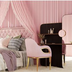 Asday Pink Chairs Set of 2, Barrel Velvet Upholstered Dining Chairs with Arms, Luxury Side Chair with Mirror Gold Legs, for Dining Table, Kitchen and 