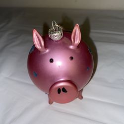 Hand Blown Glass Pig Ornament Pink With Blue Dots 