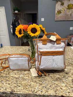 Clear Bag Set with Tan and Gold Trim – Backpack & Crossbody