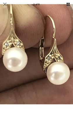 14K Solid Gold Genuine Diamond & Pearl Earrings