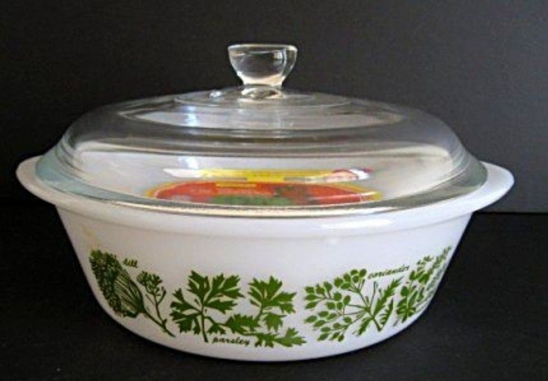 Vintage Glasbake Casserole with Garden Herbs / 2 Quart / Milk Glass Oven Ware / 1960s