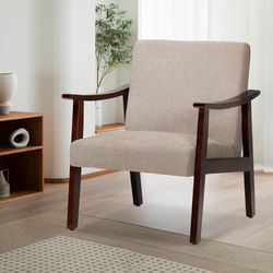 Athena Collection Mid Century Modern Accent Chairs, Linen Fabric Reading Arm Chairs for Adults with Wooden Armrest and Legs, Comfy Upholstered Armchai
