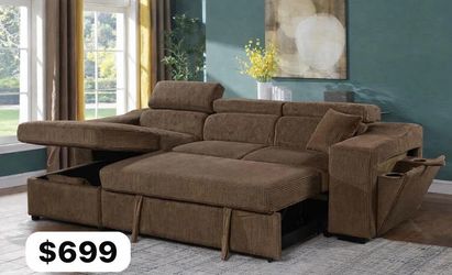 Corduroy Sectional Sofa with Pull-Out Sleeper and Storage