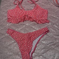 Womens Hot Pink Large White Floral Swimsuit Bikini 