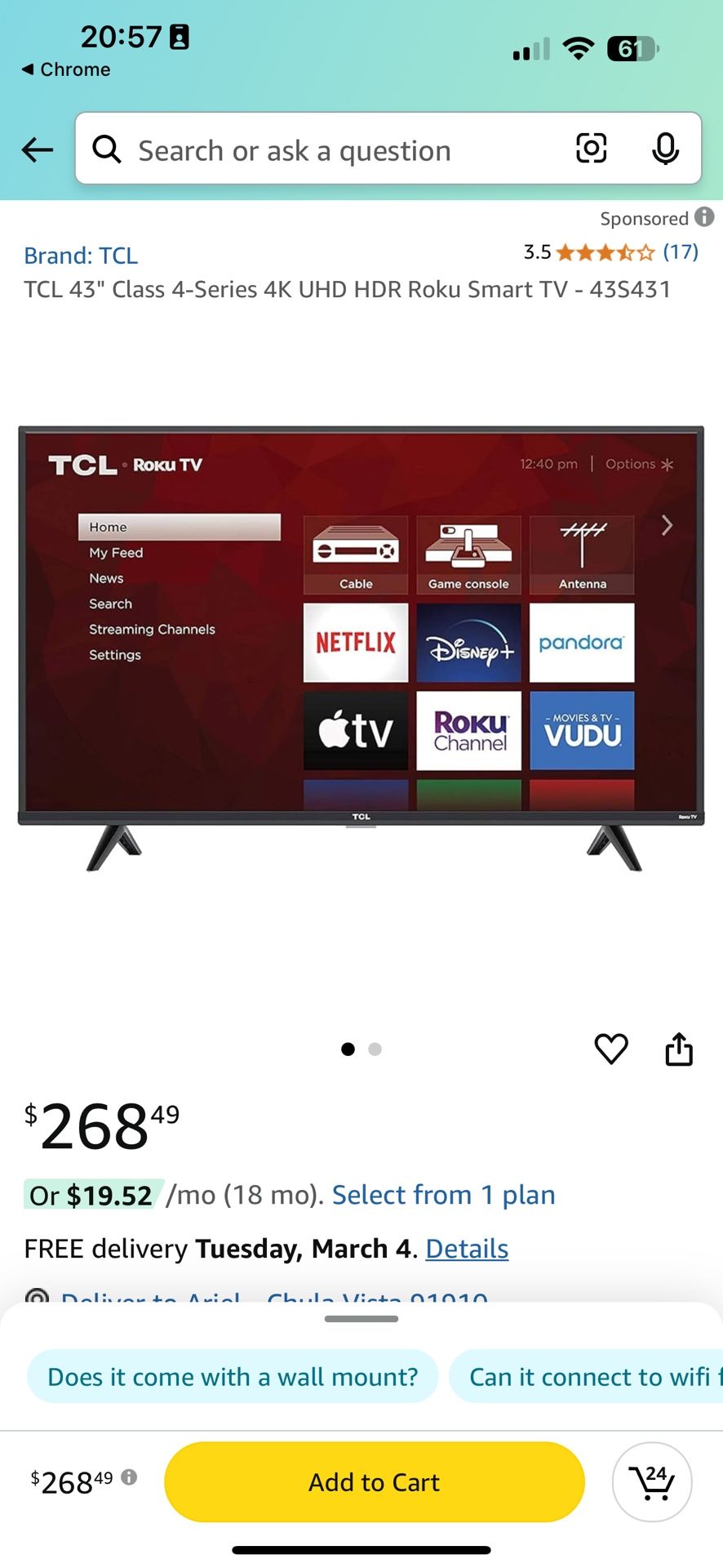 TCL 43” 4k Roku Smart TV With Adjustable TV Stand