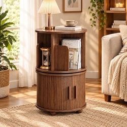 C487 $60 360° Rotating End Table, Round Fluted Side Tables with Storage, Walnut color Mid Century Modern Nightstand with Sliding Doors & Bookshelf,