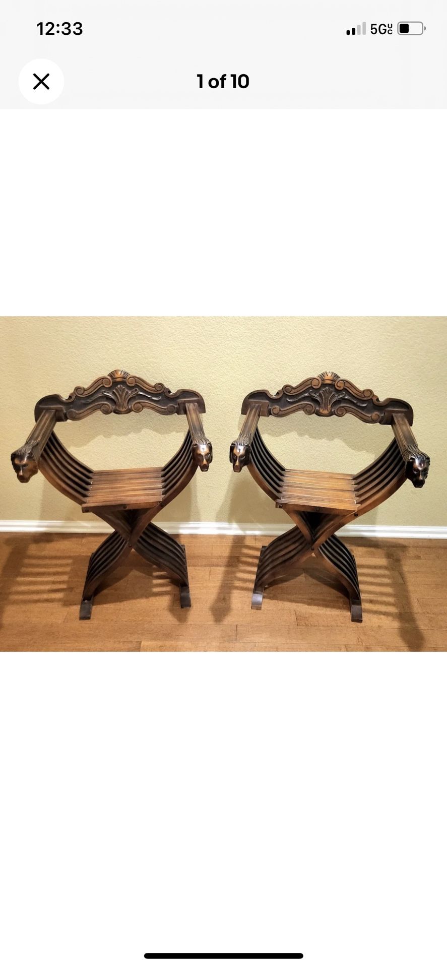 Vintage Pair Italian Savonarola Renaissance Revival Lion Head Dante Chairs