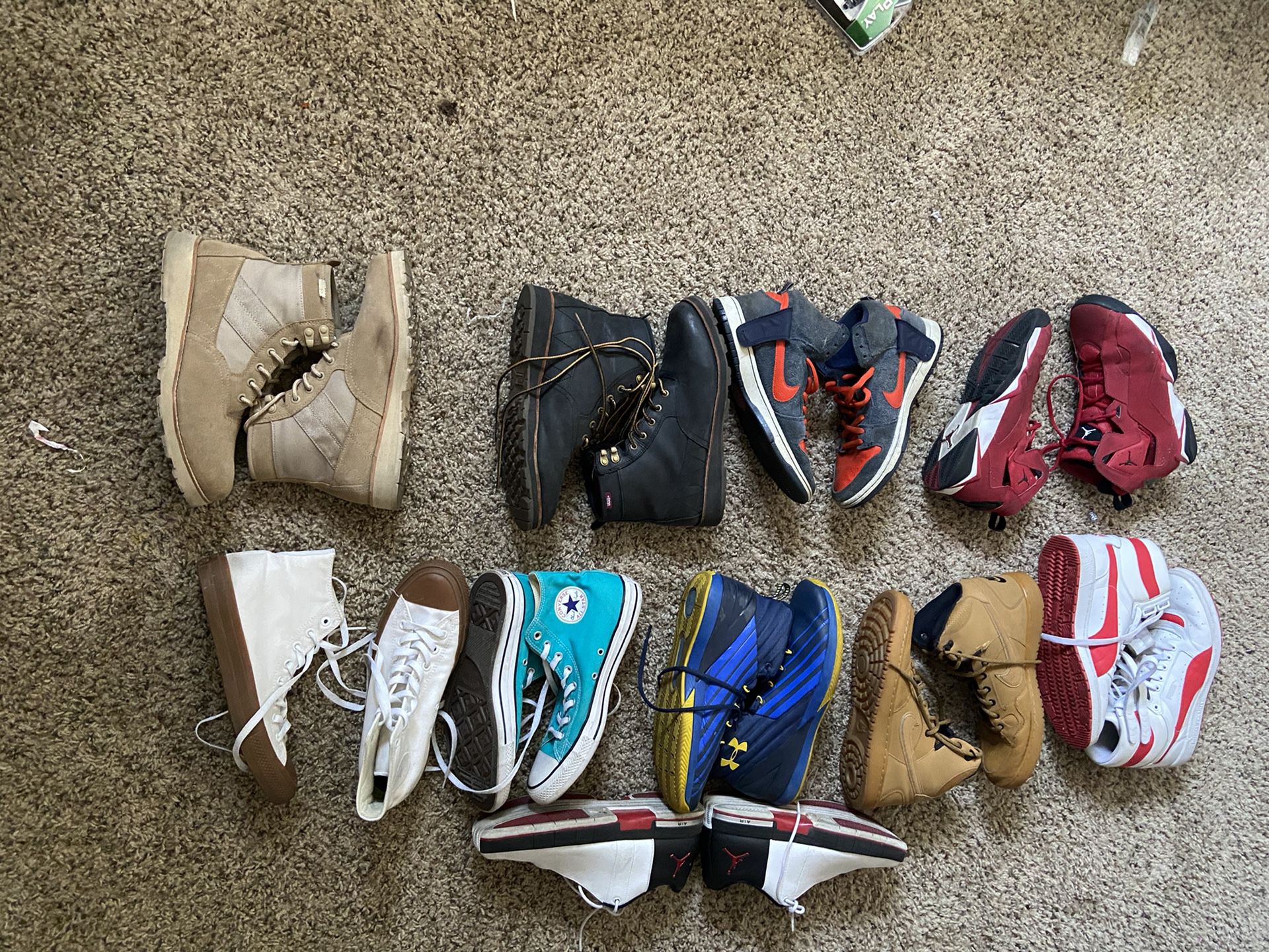 All Shoes 20$ each or all 10pair for 150$ Size 10.5( Jordan’s Nike’s Van Boots Converse)