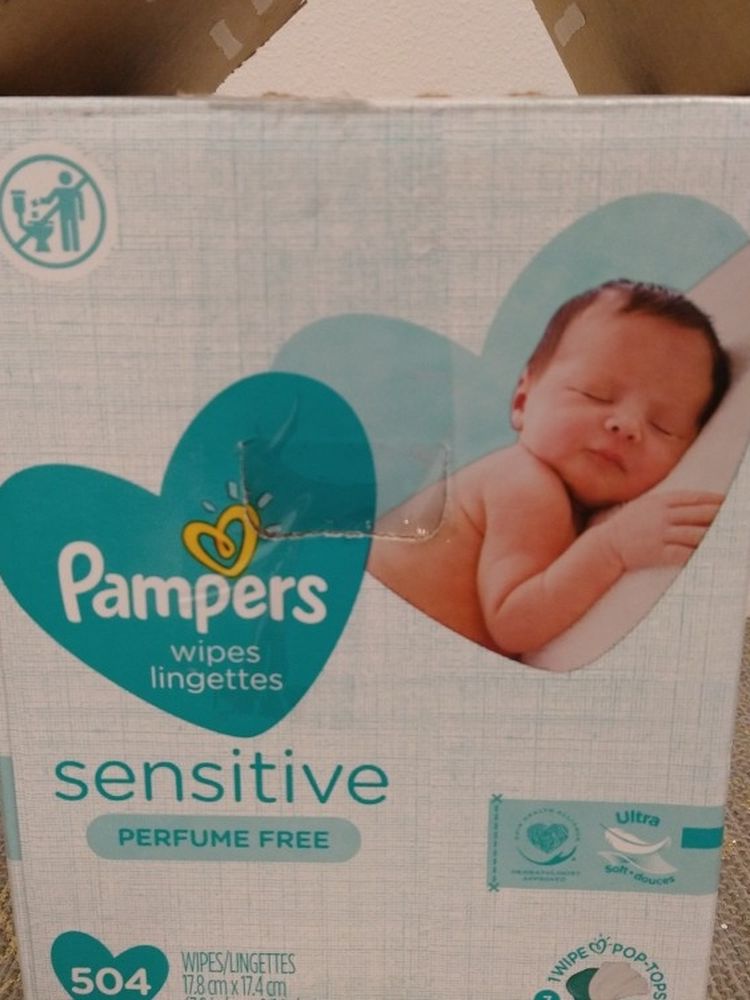Pampers Baby Wipes Sensitive Perfume Free 6 Pop Top Packages New Sealed 72 Wipes Per Package