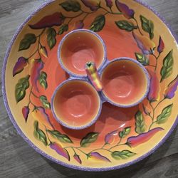 Vintage Les Jardins Clay Art Hand Painted Stonelite Bowl And 3 Section Dip Tray EUC
