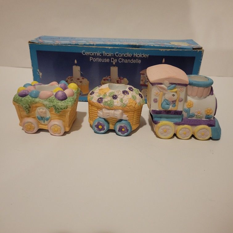 Easter Ceramic Train Candle Holder Bunny Locomotive Vintage 80s, 90s