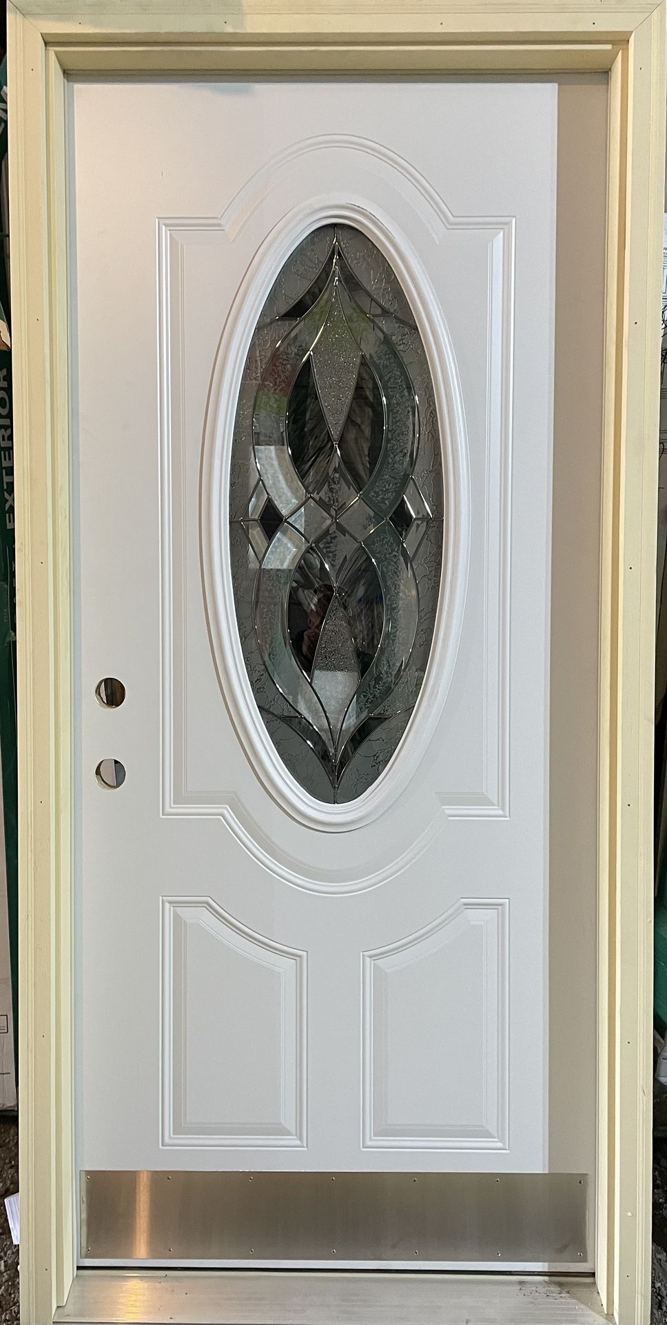 New 36x80 Steel Exterior Door, Oval Decorative Glass