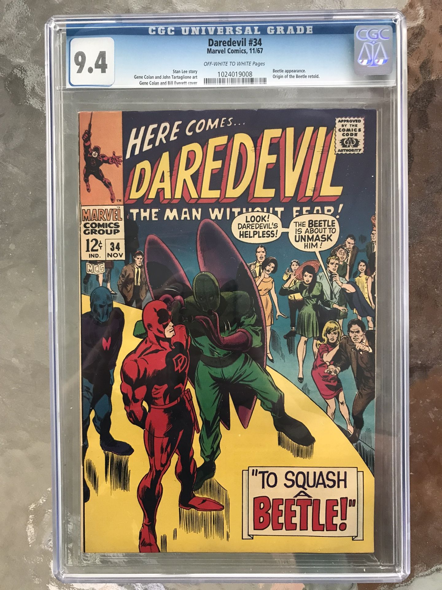 Daredevil #34 (1967) CGC 9.4 — O/w to White Pgs; Origin of the Beetle; Stan Lee