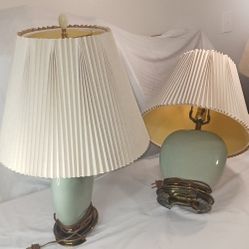 PAIR OF SAGE CRACKLE & BRASS VINTAGE DECORATIVE LAMPS 