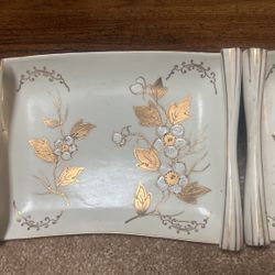 Vintage Scrolled Edge Porcelain Dish with Gold Leaf Flowers Original Arnart Creations Made in Japan...