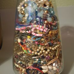 Large Glass Vase Full Of Jewelry Necklaces  / Bracelets  / Earrings