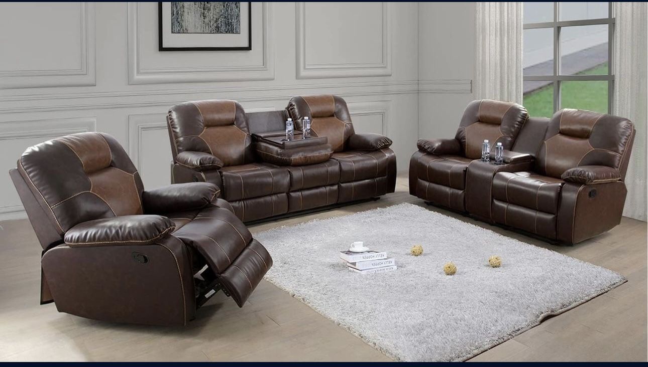 Brown Soft Leather Fully Reclining Three Piece Couch Set