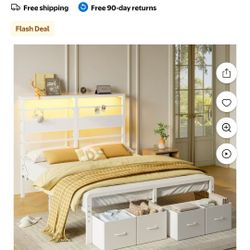 Pinmoco Queen Size Bed Frame with 49.2" High LED Storage Headboard and Drawers, Metal Platform Bed with Charging Station, Height Adjustable, White