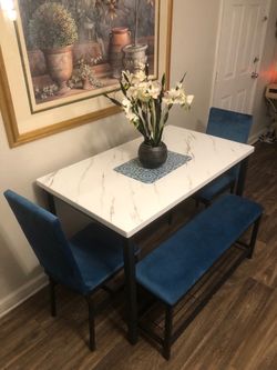 Excellent condition White faux marble dining table set with 2 blue fabric chairs and a Bench