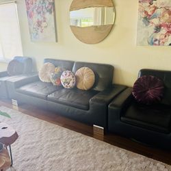 Black Pure Leather Love Seat And 2 Swivel Chairs 
