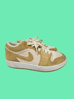 Women’s Nike Air Jordan 1 Low SE in the "Twine and Orange Quartz" colorway, featuring a unique mixture of beige corduroy and tan suede panels - Size 8