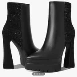 Stacked Platform Boots for Women Rhinestone Vamp Chunky High Heel Pointed Toe Design Ankle Booties w/Side Zipper Clos(9-5)