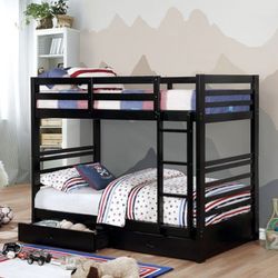 Brand New Black Twin Size Bunk Bed w Trundle Drawers