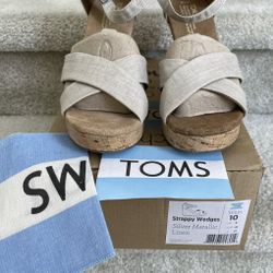 New Women Toms Strappy Wedges Silver Metallic Linen Size 10 Free Gift